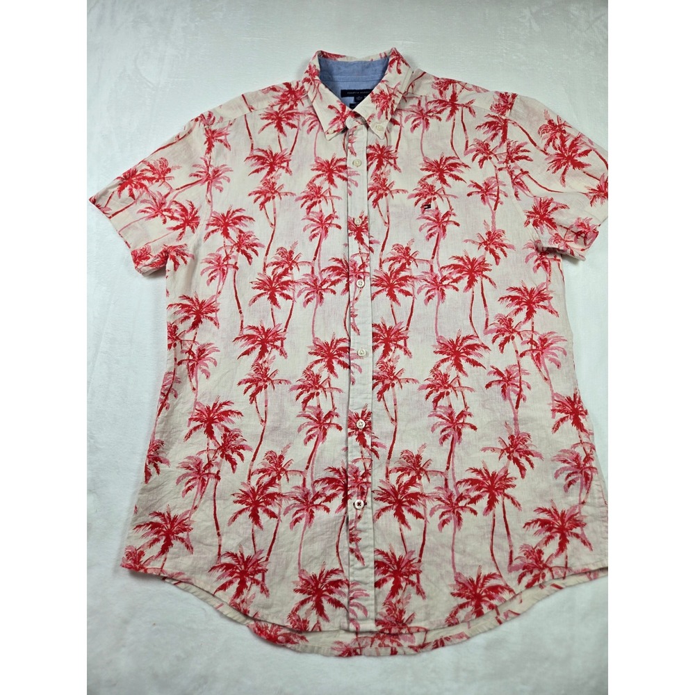 Tommy Hilfiger Mens XL Red Palm Tree Linen Cotton Short Sleeve Button Down Shirt